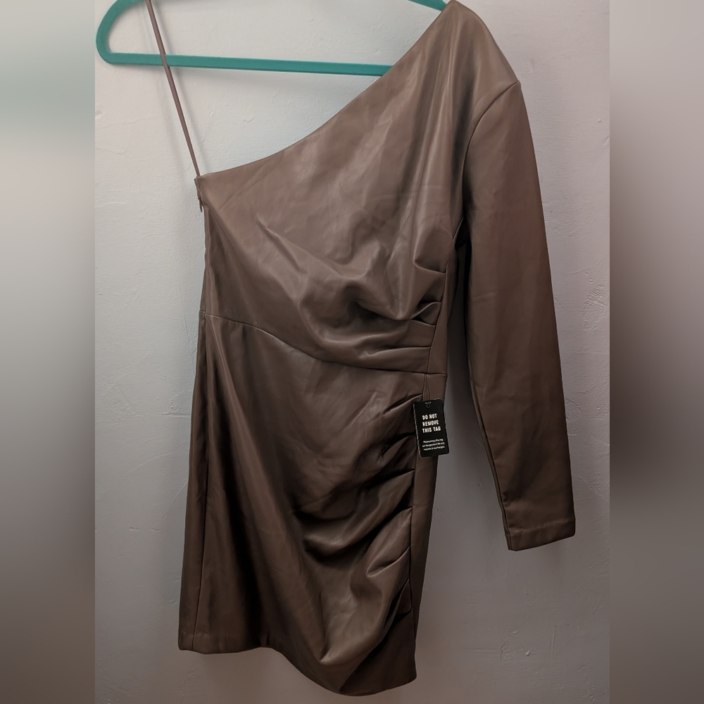 Express One-Shoulder Faux Leather Mini Dress in Mocha - Picture 2 of 6